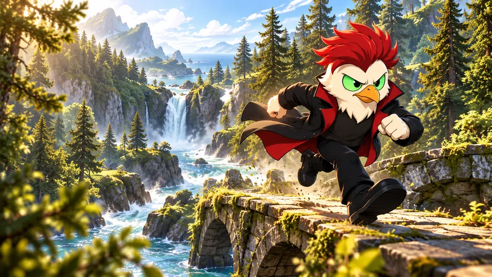 Chikun runs across a mossy stone bridge past a forest waterfall