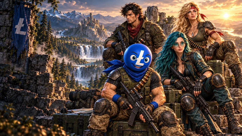 Lester, Lilly, Lit Commando and Lit Valkyrie rest on a ruined stone wall above a waterfall valley at sunset