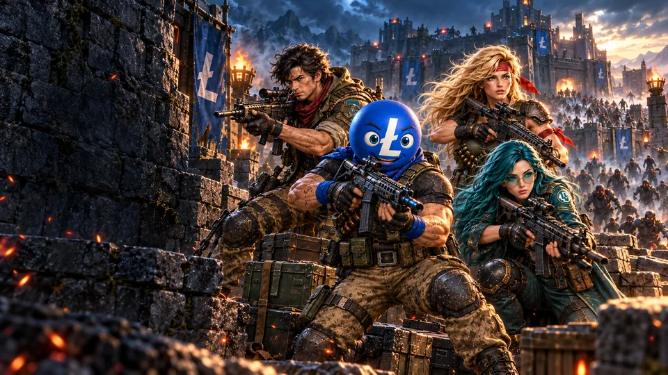 Lester, Lilly, Lit Commando and Lit Valkyrie take aim from a stone stairway above a burning city at dusk