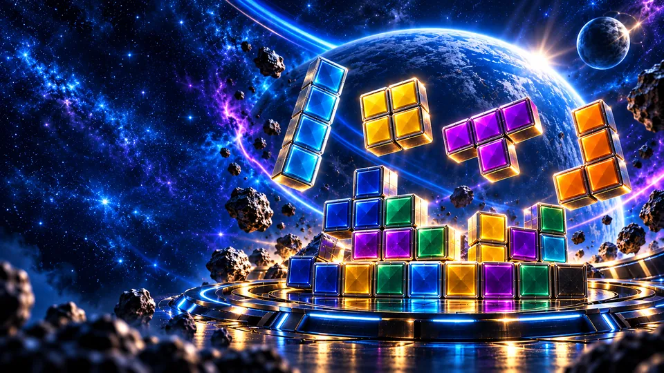 Glowing crystal blocks stack on an orbital platform in front of a blue planet