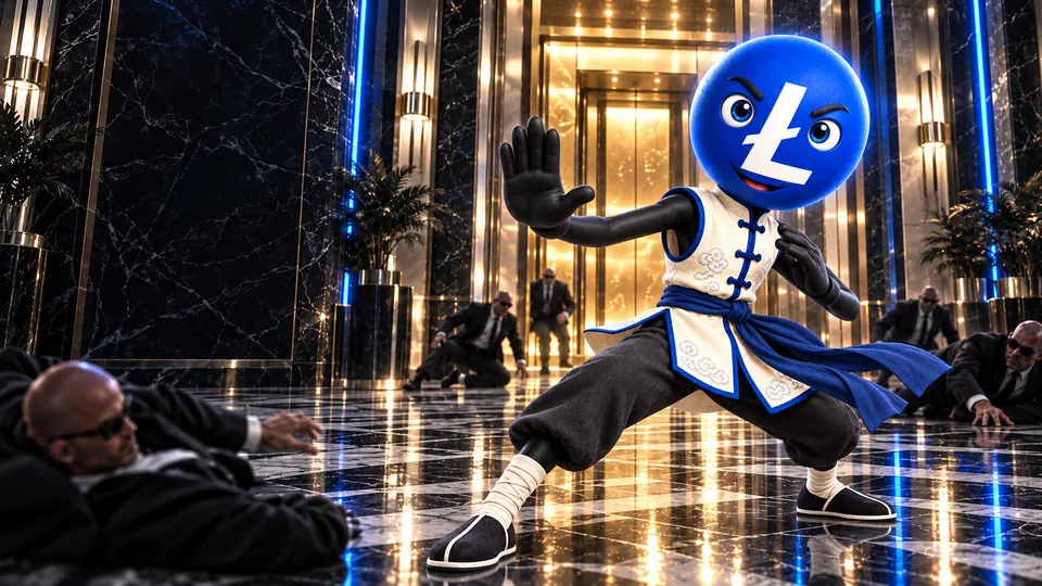 Lester holds a kung-fu stance in a marble lobby as defeated thugs lie on the floor