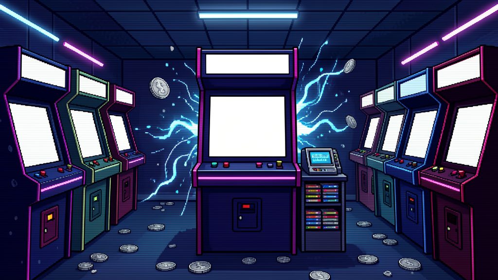 Illustrated neon arcade cabinet row