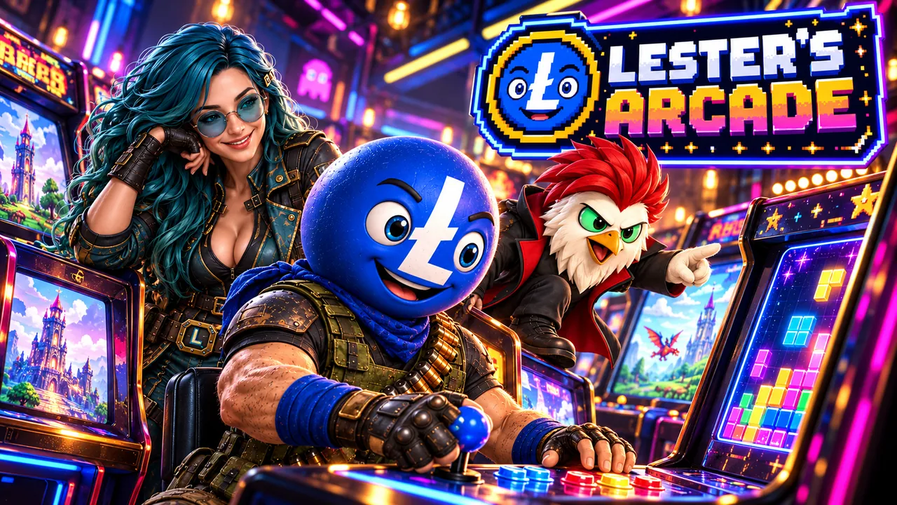 Lester grips a cabinet joystick while Lilly leans in and Chikun points at the screen, under the pixel-art Lester’s Arcade sign