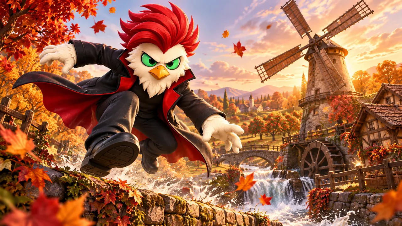 Chikun, in his black coat with its red lining, leaps along a stone wall past a windmill, a waterwheel and a waterfall under autumn leaves at sunset