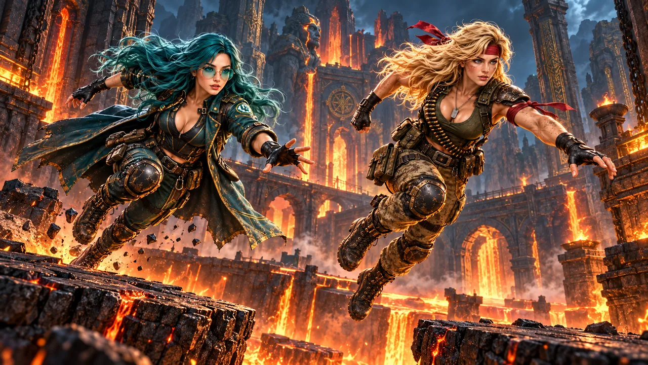 Two Hard Money Heroes survivors leap between broken stone ledges above a river of lava in a burning ruined city
