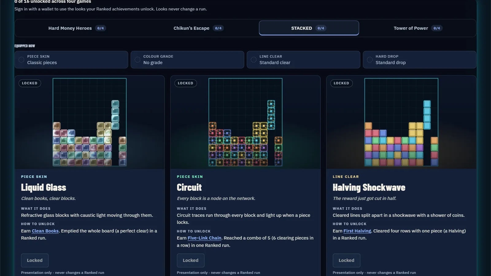 The Locker on its STACKED tab: live previews of Liquid Glass, Circuit and Halving Shockwave, each with what it does and how to unlock it