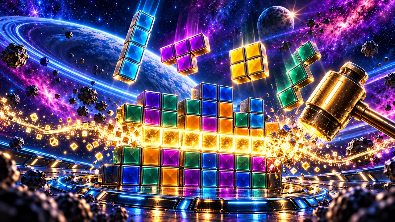 A golden hammer smashes into a glowing stack of jewel-coloured blocks in space as a cleared row bursts into gold sparks