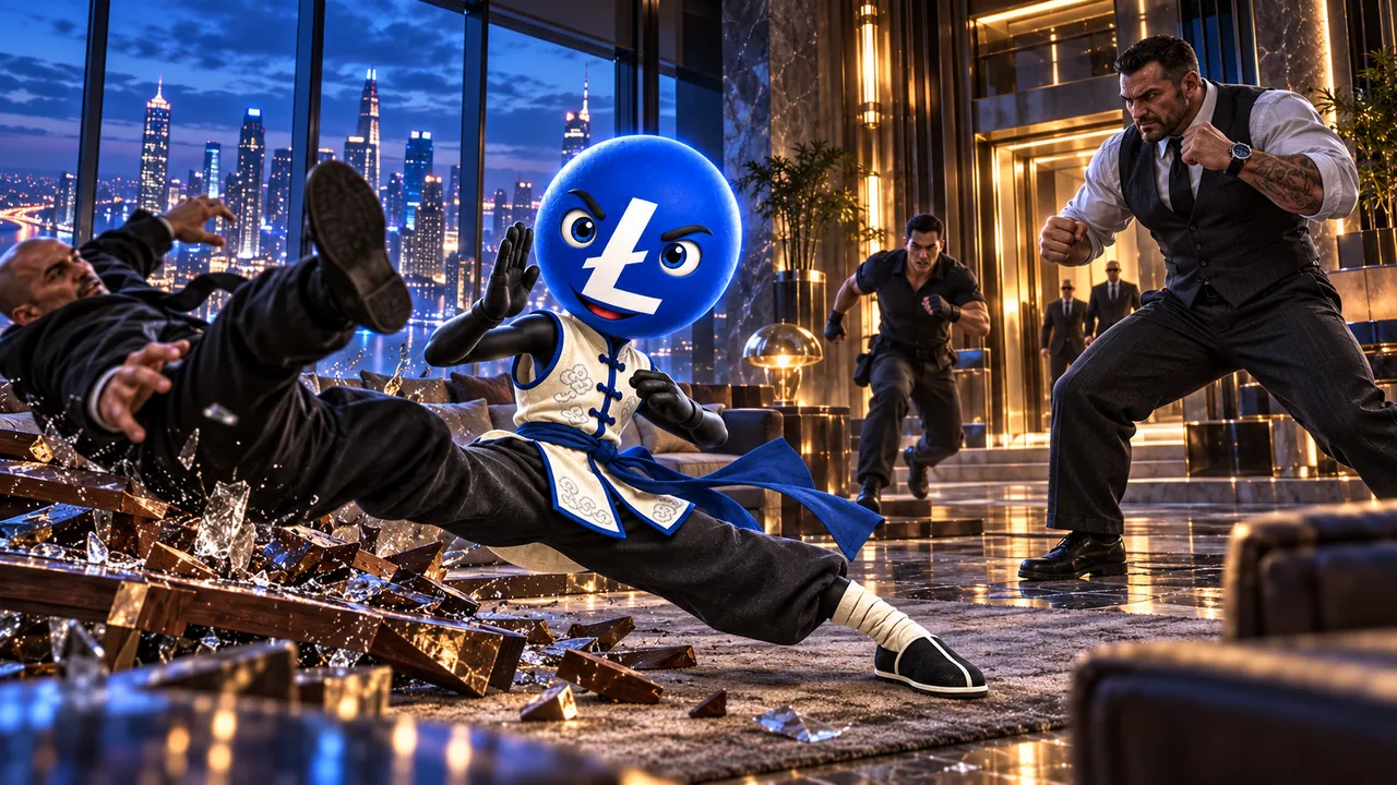 Lester, in a white gi, sweeps through a crew of suited fighters on a penthouse floor above a night-time city