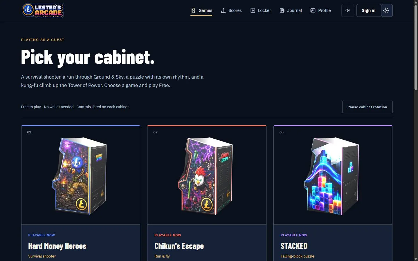 The Lester’s Arcade Games page with Hard Money Heroes, Chikun’s Escape and STACKED cabinets, each topped with its own colour