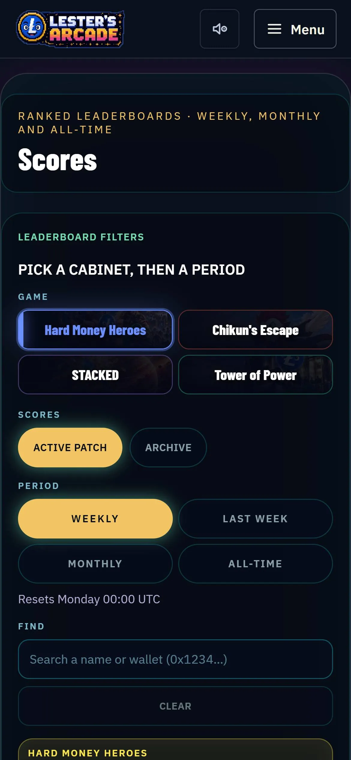 Scores on a phone: Hard Money Heroes, Chikun’s Escape, STACKED and Tower of Power in a two-by-two grid above the Weekly, Last week, Monthly and All-time buttons