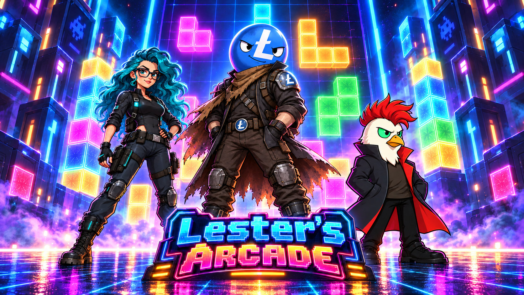 Lester, Chikun and a blue-haired survivor in a neon arcade with glowing blocks and the Lester’s Arcade logo