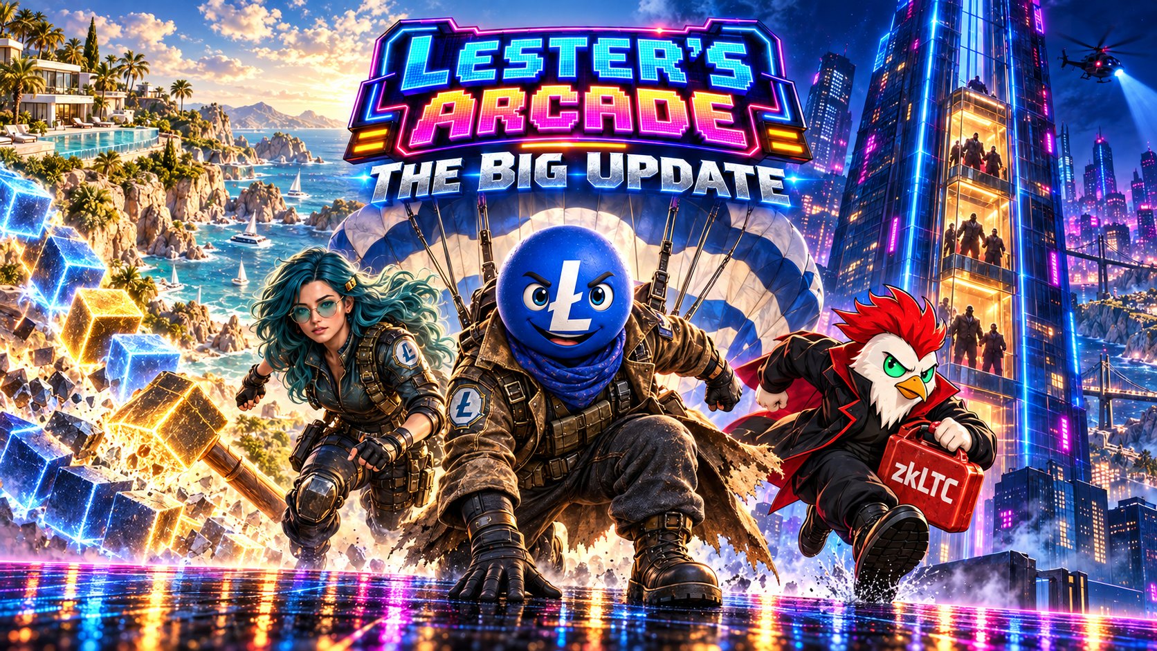 Lester parachutes into a neon arcade between a blue-haired survivor and Chikun carrying a zkLTC gas can, with glowing ledger blocks, a golden hammer and the Tower of Power elevator under the Lester’s Arcade: The Big Update title