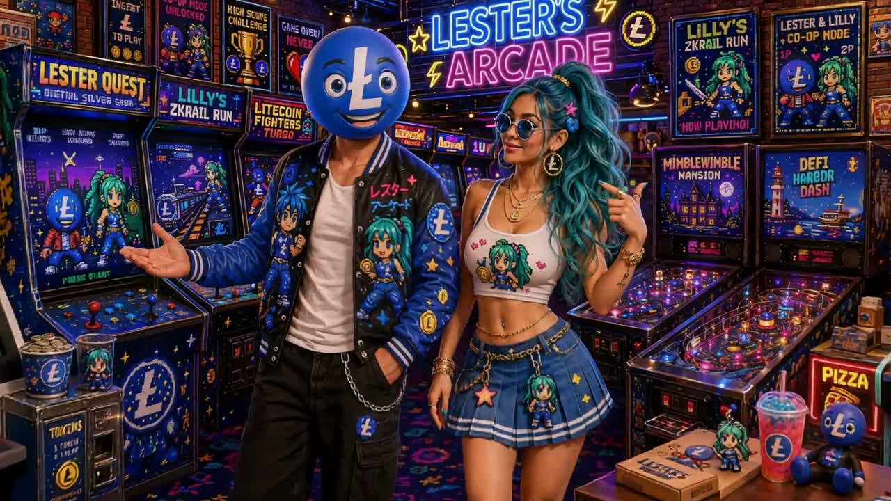 Lester and Lilly welcome players into a neon-lit Lester’s Arcade full of cabinets