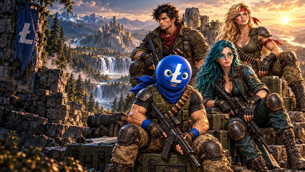 Lester, Lilly, Lit Commando and Lit Valkyrie rest on a ruined stone wall above a waterfall valley at sunset