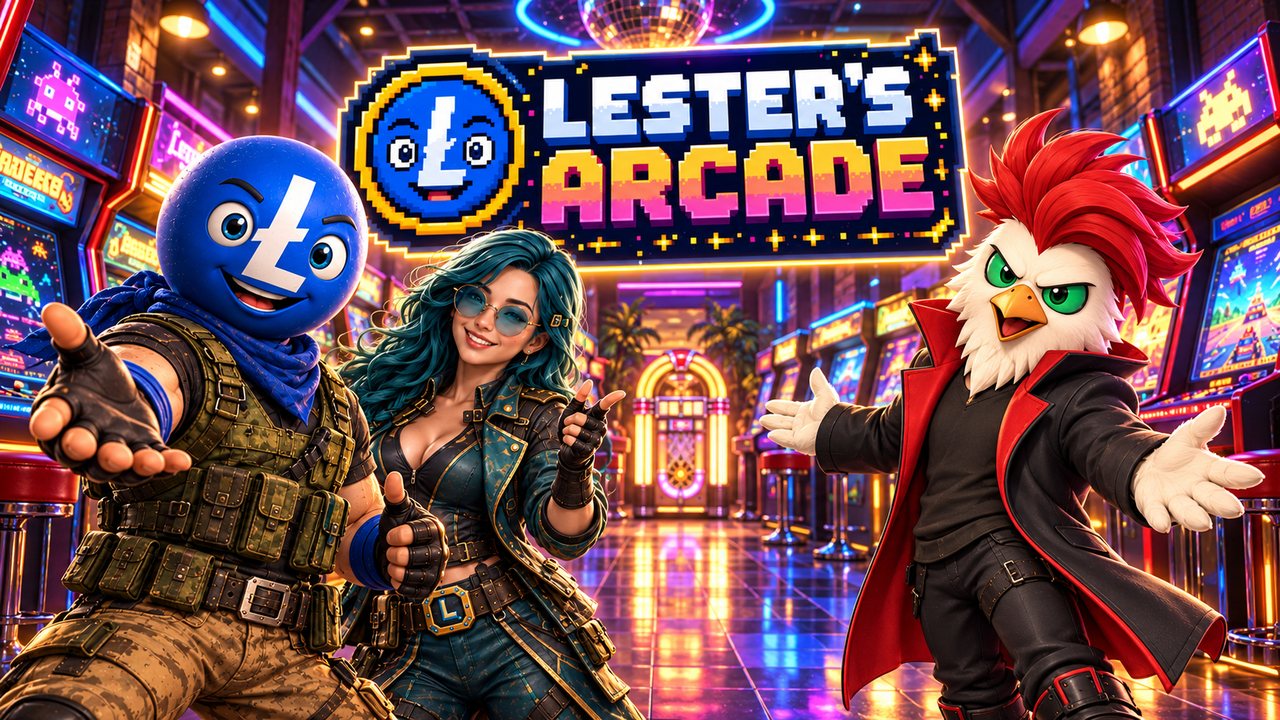 Lester, Lilly and Chikun welcome players into a neon arcade under the pixel-art Lester’s Arcade sign