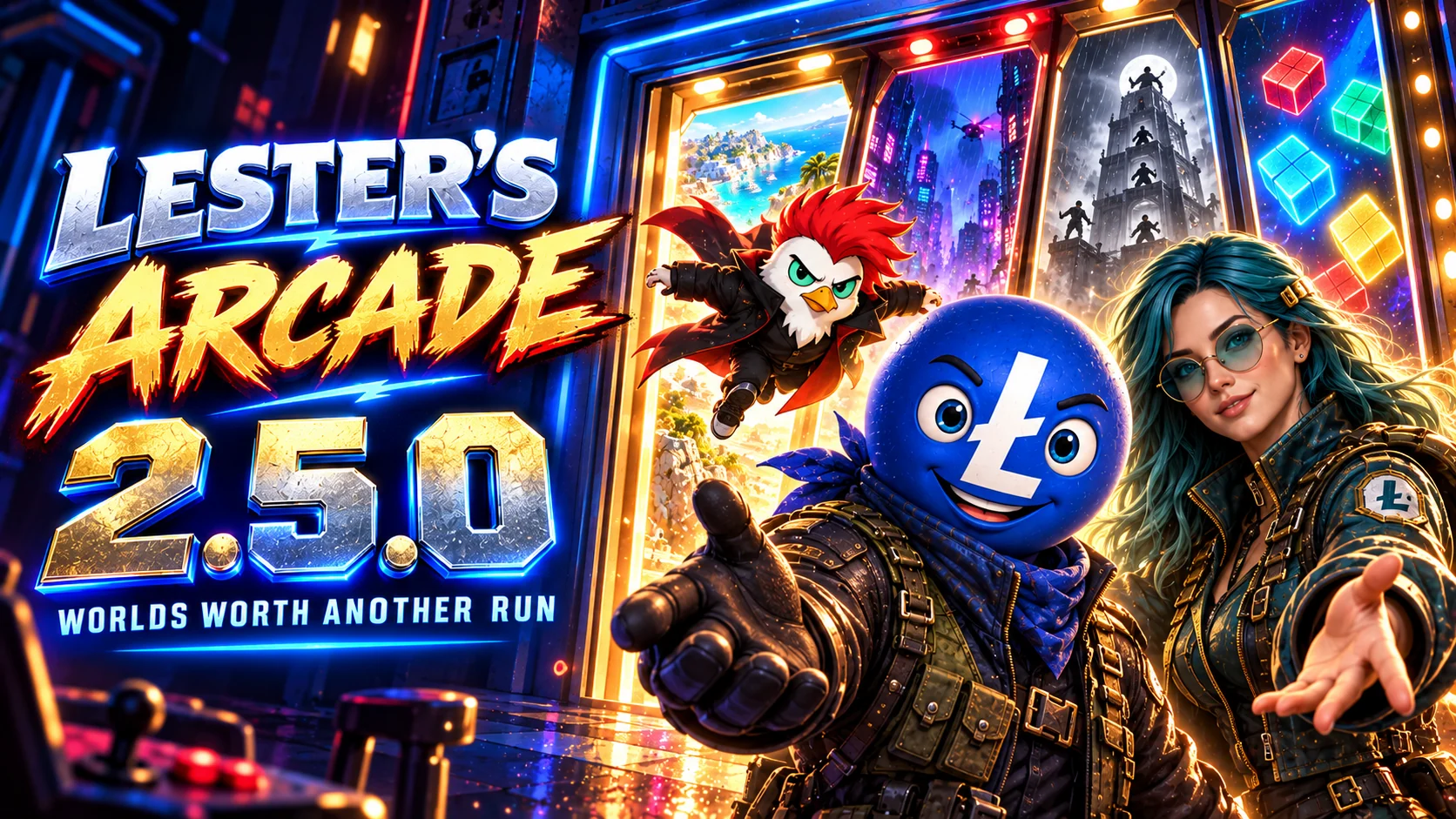 Lester, Lilly and Chikun welcome players into a neon arcade. Lester’s Arcade 2.5.0: Worlds Worth Another Run.