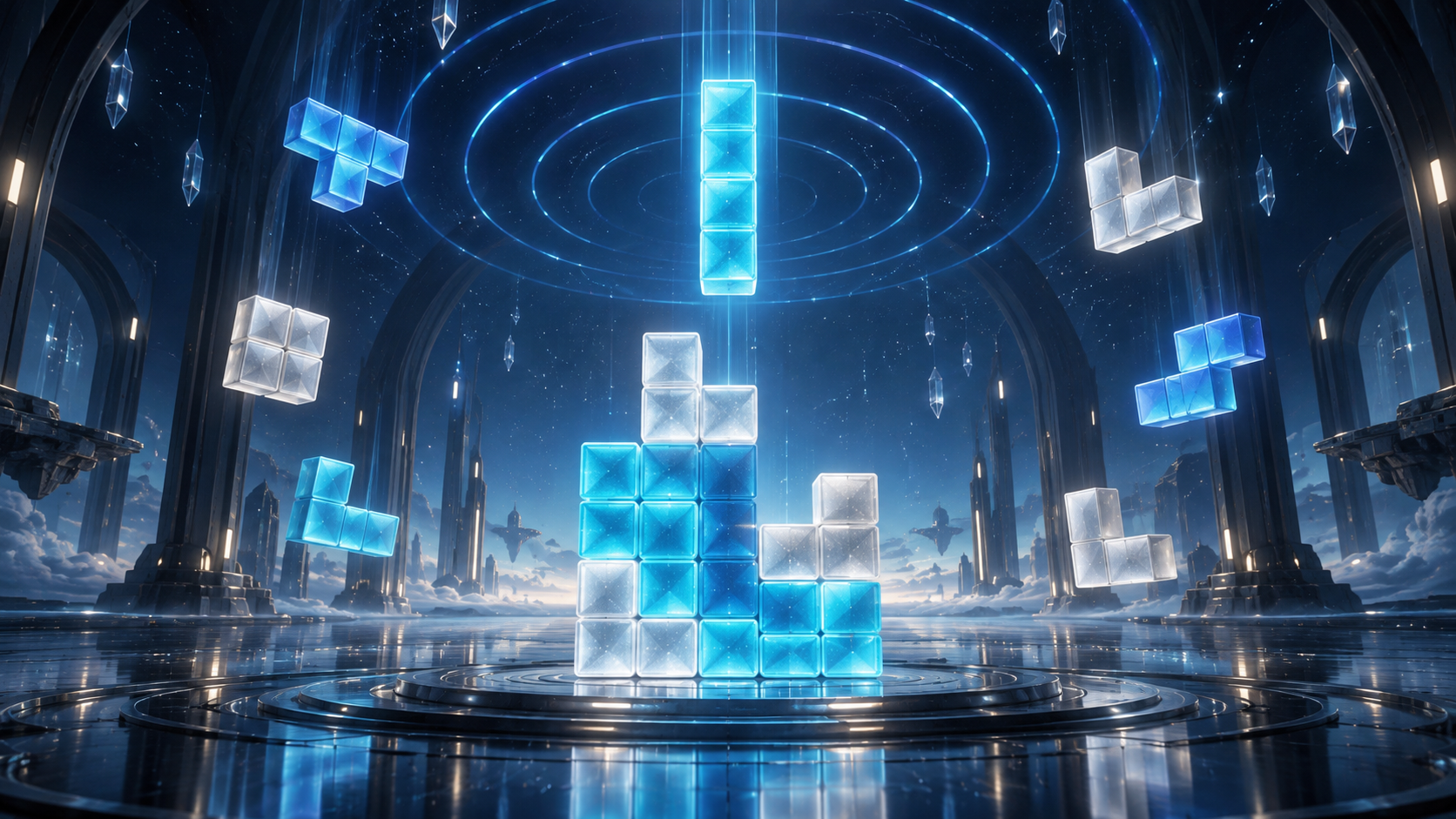 Glowing falling blocks in a STACKED music world
