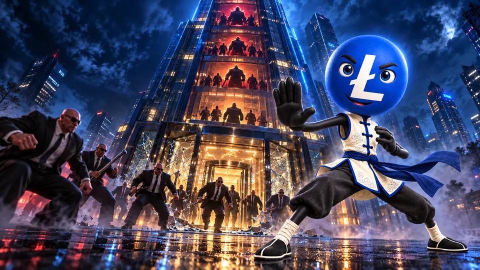 Lester in a kung-fu stance outside the Tower of Power as suited thugs charge out